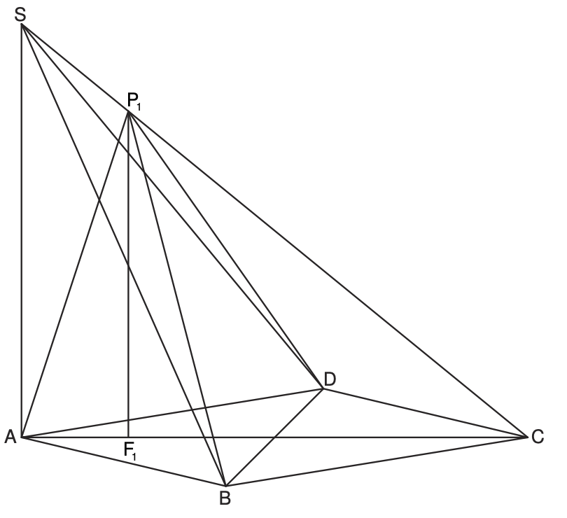 Geometrische Skizze: Dreieck ABC mit Spitze S, inneren Punkten P1, D, F1 und mehreren Verbindungsstrecken.